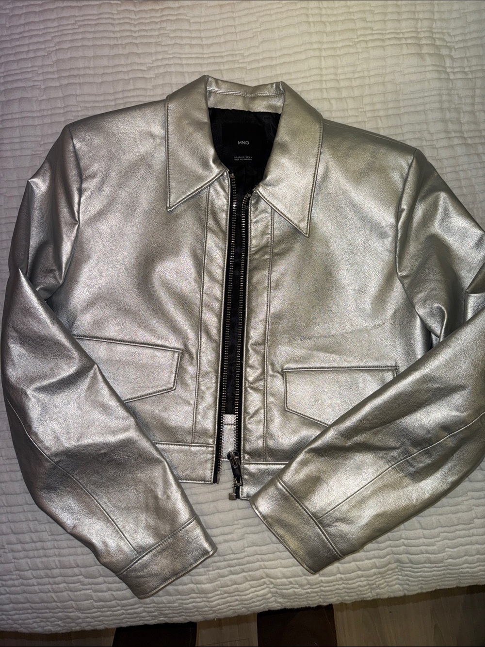 Mango Silver Metallic Cropped Leather Jacket